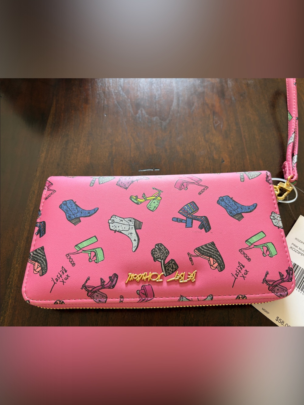 Betsey Johnson Pink Shoe Print Zip Wristlet Wallet